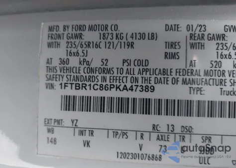 2023 Ford Transit-250 from USA, damaged, VIN 1FTBR1C86PKA47389